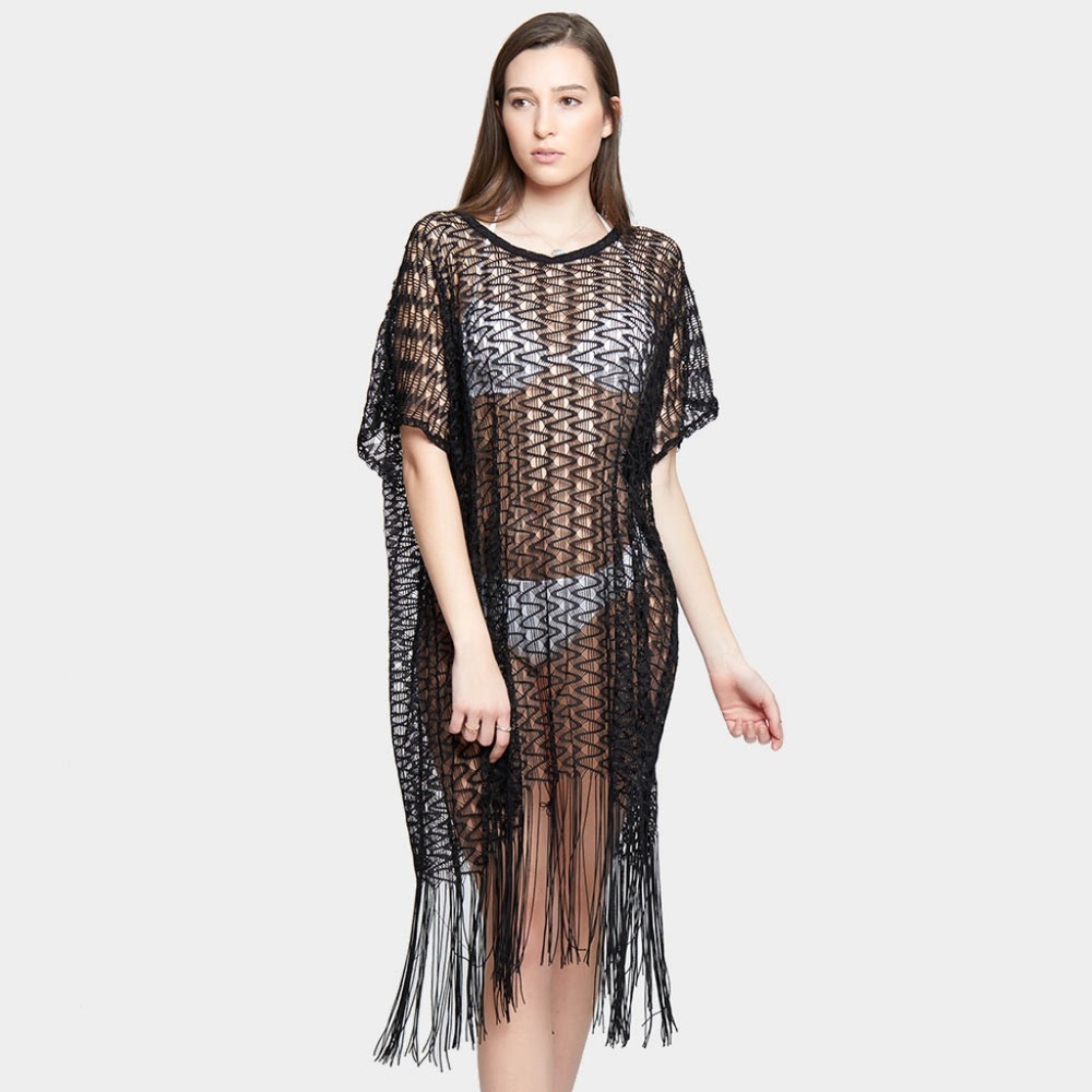 Swimsuit Cover Up Black Cardigan Kimono Weaved